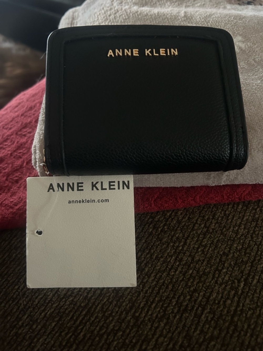 Anne Klein Black Leather Zip-Around Wallet with Gold Logo